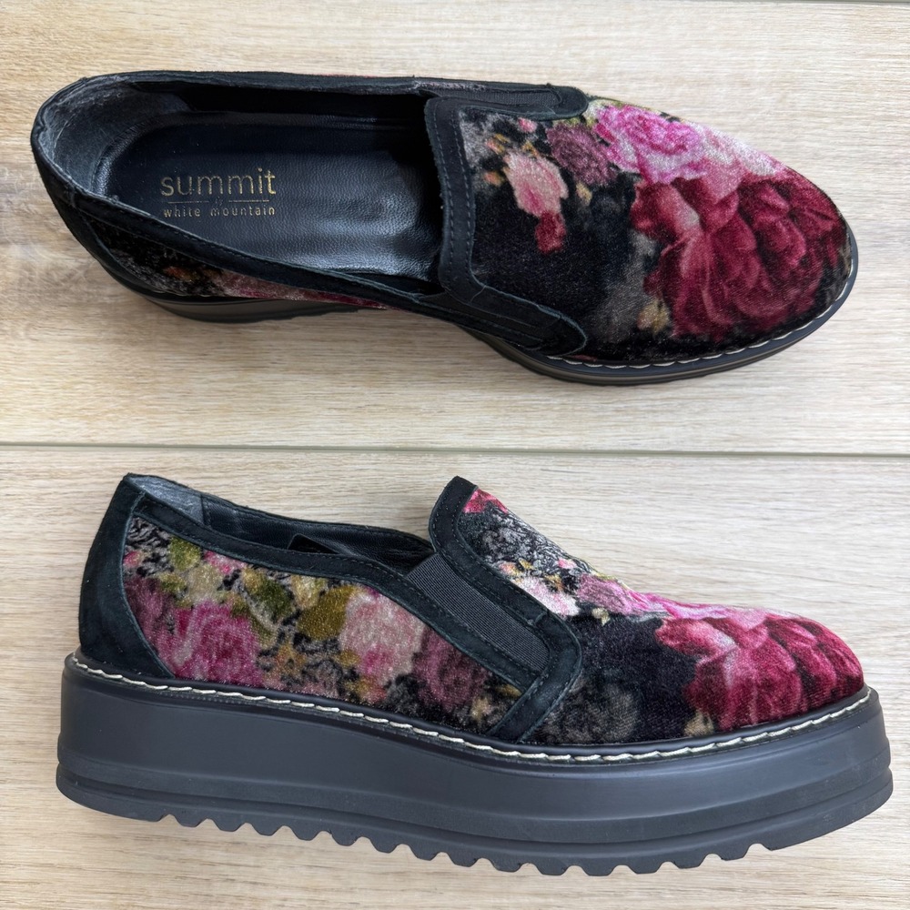 Summit White Mountain Black Floral Velvet‎ Platform Loafer Shoes Women's Size 38